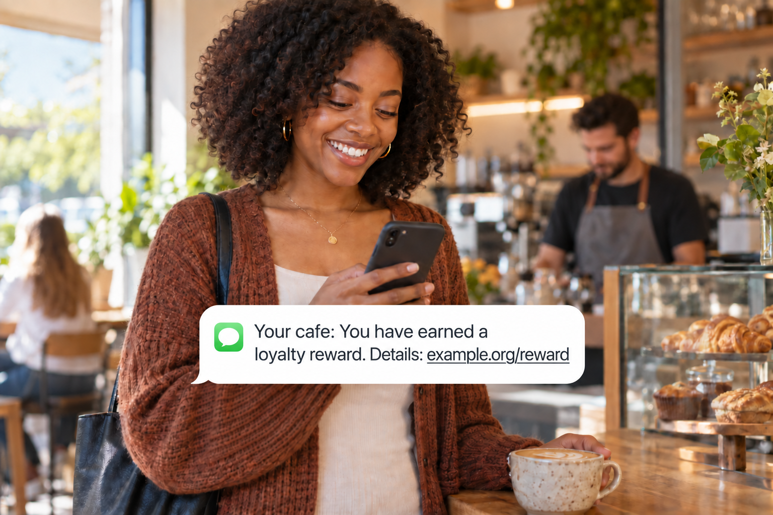 Celebrate a loyalty reward: a customer reading an example sms message