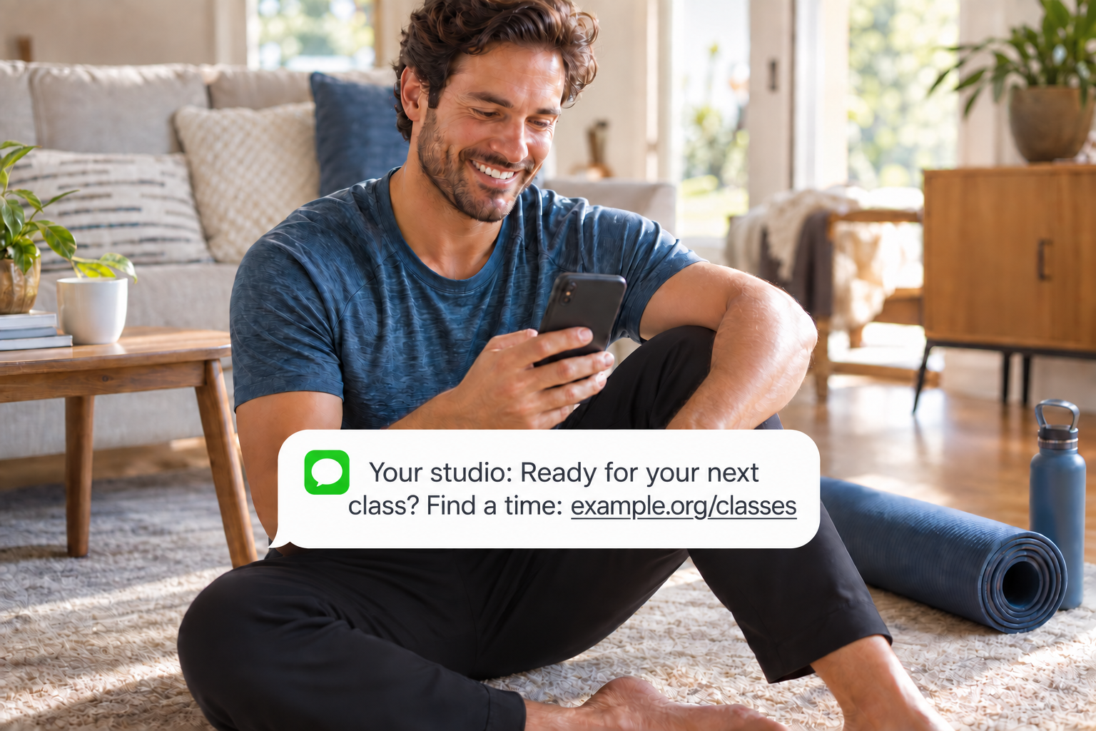 Invite another visit: a customer reading an example sms message