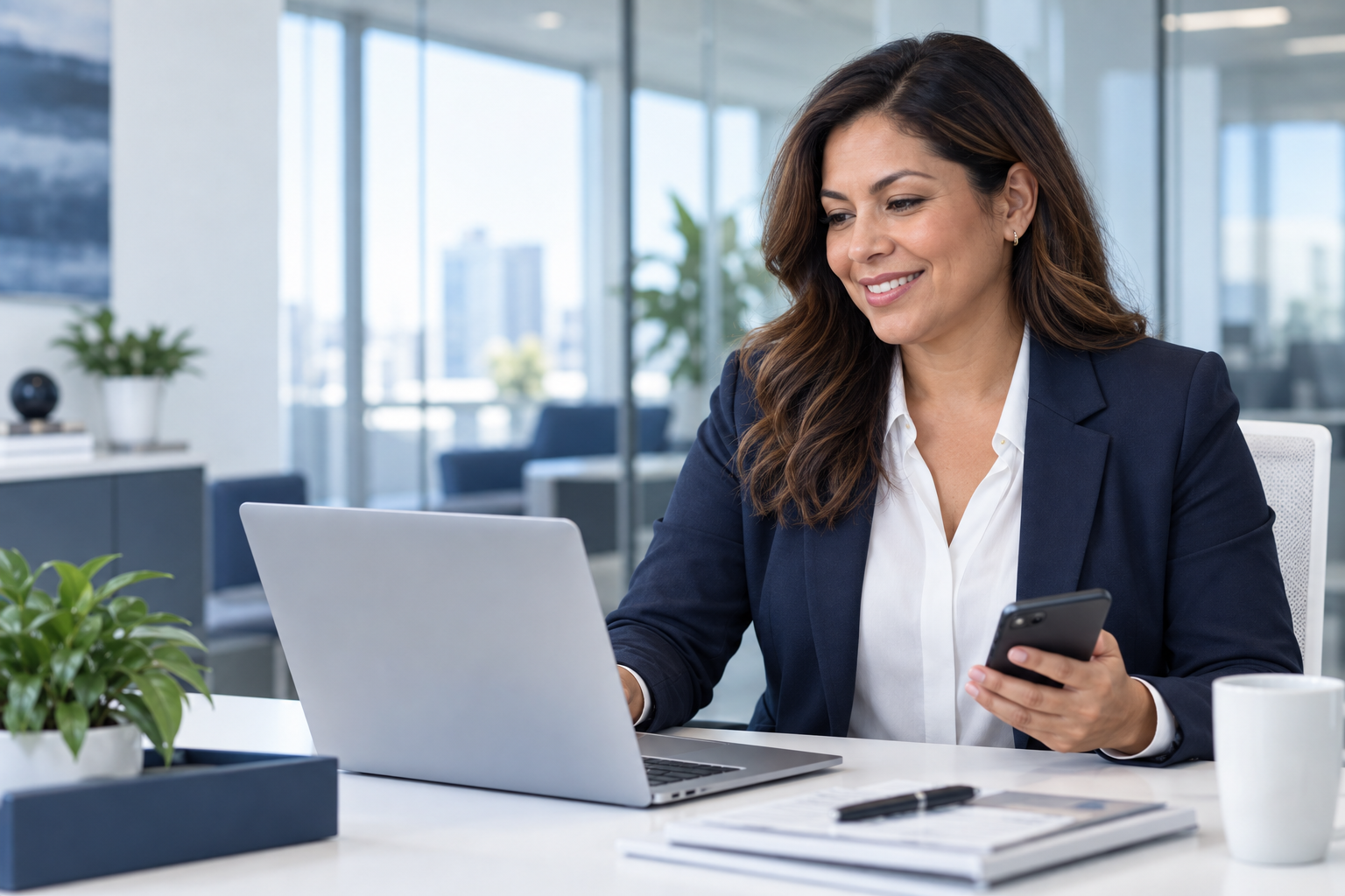 Smiling business professional reviewing work at her laptop